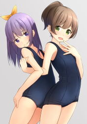Rule 34 | 2girls, :d, back-to-back, bare arms, bare shoulders, blue one-piece swimsuit, blush, brown hair, closed mouth, collarbone, commentary request, green eyes, grey background, hair between eyes, hair ribbon, highres, long hair, multiple girls, old school swimsuit, one-piece swimsuit, open mouth, original, ponytail, purple eyes, purple hair, ribbon, school swimsuit, shibacha, simple background, smile, swimsuit, yellow ribbon
