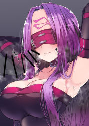 Rule 34 | 1girl, absurdres, armpits, arms behind head, arms up, bar censor, black gloves, blindfold, blush, breasts, censored, cleavage, closed mouth, collar, commentary request, elbow gloves, facial mark, fate/grand order, fate (series), forehead, forehead mark, gloves, hair intakes, highres, kobo (cobo 0609), large breasts, long hair, medusa (fate), medusa (rider) (fate), penis, purple hair, smell, solo focus, sweat, translation request, upper body, veins, veiny penis