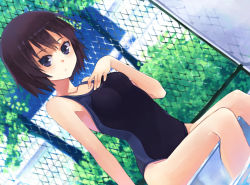 Rule 34 | 1girl, amagami, bare shoulders, black eyes, black hair, chain-link fence, competition swimsuit, day, dutch angle, fence, hand on own chest, hao (patinnko), looking at viewer, nanasaki ai, one-piece swimsuit, outdoors, pool, poolside, short hair, sitting, soaking feet, solo, swimsuit, tree, water
