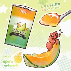 Rule 34 | apple, artist name, cantaloupe, cup, disposable cup, epo (0epo0), food, food focus, fruit, gelatin, highres, lizard, melon, melon slice, no humans, original, spoon, tongue, tongue out, translation request