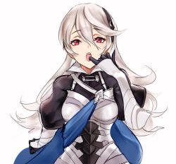 Rule 34 | 1girl, armor, bad id, bad twitter id, blue cape, cape, corrin (female) (fire emblem), corrin (fire emblem), finger in own mouth, fire emblem, fire emblem fates, hairband, long hair, nintendo, open mouth, pointy ears, red eyes, simple background, solo, upper body, white background, white hair, yoru (yowuyoru)