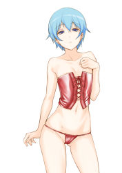 Rule 34 | 1girl, aoki kanji, arm at side, bare arms, bare shoulders, blue eyes, blue hair, closed mouth, contrapposto, corset, cowboy shot, fingernails, goutokuji kayo, hair between eyes, hand on own chest, looking at viewer, navel, panties, red panties, sabagebu!, simple background, skindentation, solo, standing, underwear, white background