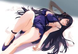 Rule 34 | 1girl, arm up, bare shoulders, black hair, blue dress, blue eyes, blue footwear, blush, breasts, cleavage, commentary, cosplay, dress, english commentary, final fantasy, final fantasy vii, final fantasy vii remake, hand in own hair, hand up, high heels, highres, kill la kill, kiryuuin satsuki, knee up, large breasts, legs, long hair, looking at viewer, lying, on back, parted lips, short dress, sleeveless, sleeveless dress, solo, spykeee, thick eyebrows, thighs, tifa lockhart, tifa lockhart (refined dress), tifa lockhart (cosplay), twitter username, watermark