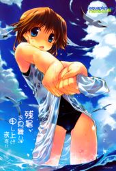 Rule 34 | 00s, 1girl, amazuyu tatsuki, brown hair, dress, highres, komaki ikuno, ocean, one-piece swimsuit, scan, school swimsuit, solo, swimsuit, swimsuit under clothes, to heart (series), to heart 2, wading, water, wet, wet clothes, wringing clothes