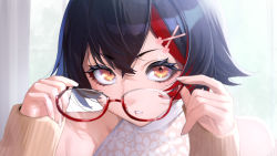 Rule 34 | 1girl, absurdres, black hair, blouse, unworn eyewear, glasses, hair between eyes, hair ornament, highres, holding, holding removed eyewear, hololive, long sleeves, looking at viewer, mikan (chipstar182), multicolored hair, ookami mio, ookami mio (street), parted lips, portrait, red hair, shirt, sleeves past wrists, solo, streaked hair, virtual youtuber, white shirt, x hair ornament