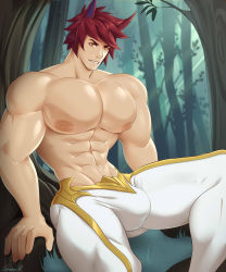 Rule 34 | 1boy, abs, animal ears, bulge, forest, highres, league of legends, looking at viewer, male focus, muscular, muscular arms, muscular legs, muscular male, nature, no cape, no shirt, pectorals, purple hair, sett (league of legends), smile, smirk, smug, solo, yellow eyes