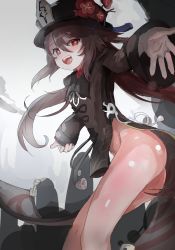 Rule 34 | 1girl, absurdres, bare legs, brown hair, flower, genshin impact, hat, highres, hu tao (genshin impact), long sleeves, looking at viewer, mianmian88888, nail polish, no panties, open clothes, open mouth, outstretched arms, red eyes, red nails, smile, solo, spread arms, tailcoat, top hat, twintails