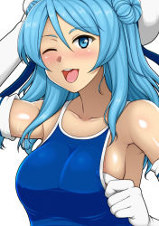 Rule 34 | 10s, 1girl, absurdres, armpits, beret, blue eyes, blue hair, blush, breasts, collarbone, competition school swimsuit, double bun, elbow gloves, gloves, hair bun, hat, highres, janjan umatarou, kantai collection, large breasts, matching hair/eyes, one-piece swimsuit, one eye closed, open mouth, sailor hat, school swimsuit, solo, sweat, swimsuit, urakaze (kancolle), white gloves, white hat