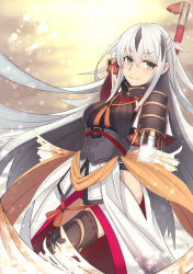 Rule 34 | 1girl, arm behind head, armor, armored dress, black armor, black hair, black thighhighs, blurry, bokeh, closed mouth, commentary request, depth of field, dress, dutch angle, fate/grand order, fate (series), highres, holding, holding behind back, holding staff, japanese armor, long dress, long hair, looking at viewer, multicolored hair, nagao kagetora (fate), holding behind back, overskirt, pauldrons, ribbon-trimmed legwear, ribbon trim, shoulder armor, side slit, smile, solo, staff, standing, streaked hair, tacch, thighhighs, two-tone hair, very long hair, white hair, yellow eyes