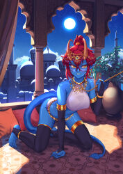 Rule 34 | 1girl, bare shoulders, black thighhighs, blue gemstone, blue skin, breasts, bridal gauntlets, chain, chain leash, cloud, collar, collarbone, colored skin, crop top, demon girl, earrings, full moon, gem, gold bracelet, gold chain, gold collar, gold trim, hair between eyes, halterneck, harem outfit, highres, holding, holding leash, horns, jewelry, large breasts, leash, long hair, middle eastern architecture, moon, original, paid reward available, pillow, plant, pointy ears, red hair, ruby suguri, shadow, shirt, signature, sky, solo, star (sky), starry sky, stirrup legwear, tail, tears, thighhighs, toeless legwear, white shirt, yellow eyes