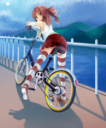 Rule 34 | 1girl, :o, alternate costume, armpits, ass, bad id, bad pixiv id, bare shoulders, bicycle, bow, brown hair, contemporary, female focus, hair bow, hakurei reimu, legs, looking back, piiko (aa doushiyou), red eyes, short hair, solo, striped clothes, striped thighhighs, tank top, thighhighs, touhou