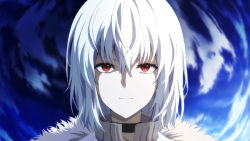 Rule 34 | 1boy, accelerator (toaru majutsu no index), ahoge, black choker, blue background, choker, closed mouth, coat, commentary, english commentary, fog (erpr3844), fur coat, hair between eyes, highres, looking at viewer, male focus, red eyes, serious, short hair, solo, straight-on, toaru majutsu no index, upper body, white coat, white hair
