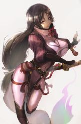 Rule 34 | &gt;:), 1girl, armor, black hair, bodysuit, breasts, closed mouth, cowboy shot, fate/grand order, fate (series), from side, highres, holding, holding sword, holding weapon, japanese armor, katana, kote, large breasts, long hair, looking at viewer, looking to the side, low-tied long hair, minamoto no raikou (fate), parted bangs, pink eyes, purple bodysuit, purple eyes, shirokuma1414, solo, sword, v-shaped eyebrows, very long hair, weapon