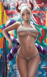 Rule 34 | 1girl, breasts, horns, long hair, one piece, oni, smile, underwear, yamato (one piece)