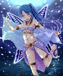Rule 34 | 1girl, :d, ahoge, bandeau, blue hair, blue nails, breasts, butterfly wings, fairy, insect wings, kay (utd), long hair, looking at viewer, nail polish, navel, o-ring, o-ring top, open mouth, original, ponytail, sandals, small breasts, smile, solo, standing, standing on one leg, toenail polish, toenails, underboob, wading, water, wings, yellow eyes
