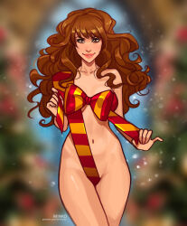 Rule 34 | 1girl, artist name, bare shoulders, blurry, blurry background, bow, brown eyes, brown hair, collarbone, cowboy shot, harry potter (series), hermione granger, highres, large bow, long hair, looking at viewer, naked scarf, navel, olena minko, scarf, shiny skin, solo, standing, striped clothes, striped scarf, teeth, watermark, wizarding world