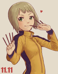 Rule 34 | 10s, 1girl, abe (f!mixture), bad id, bad pixiv id, between fingers, blonde hair, bruce lee&#039;s jumpsuit, food, green eyes, heart, holding, huang baoling, pocky, pocky day, short hair, solo, tiger &amp; bunny