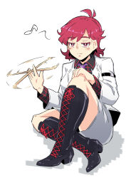 Rule 34 | 1girl, antenna hair, black thighhighs, boots, bright pupils, closed mouth, cross-laced clothes, drumsticks, full body, high heel boots, high heels, highres, holding, holding drumsticks, horikawa raiko, jacket, long sleeves, looking at viewer, musical note, red eyes, red hair, sakamoto fred, short hair, simple background, skirt, solo, thighhighs, touhou, white background, white jacket, white pupils, white skirt