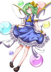 Rule 34 | 1girl, ankle socks, ascot, aya-on (miria00), bow, closed eyes, daiyousei, dutch angle, fairy wings, frilled skirt, frills, green hair, highres, orb, puffy short sleeves, puffy sleeves, ribbon, short hair, short sleeves, side ponytail, simple background, skirt, skirt hold, skirt set, smile, socks, solo, touhou, white background, wings, wrist ribbon