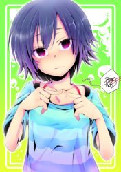 Rule 34 | 1girl, aikura (twilight dusk), blue hair, blush, collarbone, fingers together, index fingers together, looking at viewer, original, pink eyes, short hair, solo, spoken squiggle, squiggle, striped
