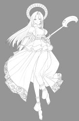 Rule 34 | 1girl, barefoot, breasts, closed mouth, dress, feet, greyscale, highres, iseria queen, long hair, looking at viewer, monochrome, murata tefu, simple background, sleeveless, solo, staff, star ocean, weapon, wings