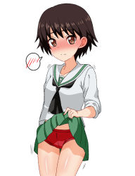 Rule 34 | 1girl, bad id, bad pixiv id, blush, breasts, brown eyes, brown hair, buruma, closed mouth, clothes lift, collarbone, embarrassed, girls und panzer, green skirt, highres, isobe noriko, lifting own clothes, looking at viewer, miniskirt, neckerchief, ooarai school uniform, red buruma, school uniform, shirt, short hair, simple background, skirt, skirt lift, small breasts, solo, standing, sweat, tanutika, white background, white shirt