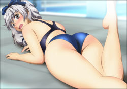 Rule 34 | 1girl, absurdres, ass, back, bare shoulders, barefoot, black eyes, blush, breast press, curvy, embarrassed, feet, from behind, full metal panic!, grey hair, hair ribbon, highres, huge ass, legs, long hair, looking back, lying, on stomach, open mouth, pool, ribbon, shiny skin, solo, sweat, swimsuit, teletha testarossa, thick thighs, thighs, water, wide hips, yadokari genpachirou