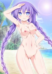 Rule 34 | 1girl, arms behind head, arms up, beach, blue eyes, blush, braid, breasts, closed mouth, cowboy shot, female focus, hair ornament, kagerou (kers), large breasts, long hair, navel, neptune (neptunia), neptune (series), nipples, nude, outdoors, purple hair, purple heart (neptunia), pussy, ribbon, solo, stomach, symbol-shaped pupils, twin braids, uncensored