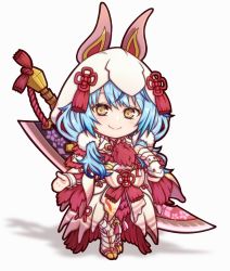 Rule 34 | 1girl, animal ears, armor, bad id, bad pixiv id, blue hair, blush, chibi, closed mouth, colored tips, fake animal ears, full body, highres, hololive, hood, long hair, miloku, monster hunter (series), monster hunter rise, multicolored hair, rabbit ears, simple background, smile, solo, streaked hair, virtual youtuber, white background, white hood, yellow eyes, yukihana lamy