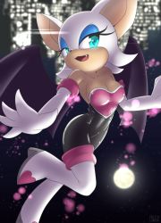 Rule 34 | 1girl, animal ears, artist name, bare shoulders, bat ears, bat wings, blue eyes, bodysuit, boots, breasts, cleavage, collarbone, elbow gloves, fang, female focus, furry, furry female, gloves, half-closed eyes, high heels, leg up, looking to the side, medium breasts, open mouth, rilex lenov, rouge the bat, short hair, smile, solo, sonic (series), strapless, text focus, thigh boots, thighhighs, watermark, white footwear, white gloves, white hair, white thighhighs, wings