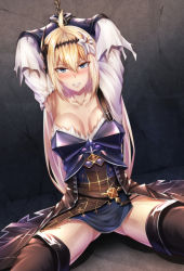 Rule 34 | 10s, 1girl, ahoge, angry, aqua eyes, armor, blonde hair, blush, boots, breasts, chain, character request, clenched teeth, collarbone, dutch angle, flower, granblue fantasy, hair flower, hair ornament, jeanne d&#039;arc (granblue fantasy), lily (flower), long hair, matsunaga garana, miniskirt, restrained, sitting, skirt, solo, spread legs, teeth, thigh boots, thighhighs, torn clothes, tsurime