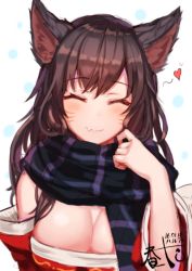 Rule 34 | 1girl, a.t. zero, ahri (league of legends), animal ears, bad id, bad pixiv id, blush, breasts, brown hair, cleavage, detached sleeves, closed eyes, facial mark, fox ears, haru ato, heart, large breasts, league of legends, long hair, scarf, smile, solo, upper body, whisker markings