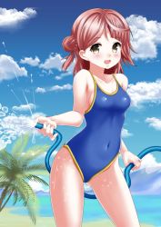 Rule 34 | 1girl, :d, bare arms, bare shoulders, blue sky, blush, braid, breasts, brown eyes, brown hair, cloud, collarbone, commentary request, covered navel, day, hair bun, highres, holding, hose, kaze makase, lake, looking at viewer, love live!, love live! nijigasaki high school idol club, medium breasts, mountain, one-piece swimsuit, one side up, open mouth, outdoors, palm tree, parted bangs, school swimsuit, side bun, single hair bun, single side bun, sky, smile, solo, standing, swimsuit, tree, uehara ayumu, water