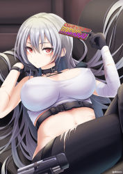 Rule 34 | 1girl, absurdres, azur lane, bandaged arm, bandages, black collar, black gloves, black pants, blush, bracelet, breasts, candy, closed mouth, collar, covered erect nipples, crop top, feet out of frame, food, gloves, grey hair, gun, harness, highres, holding, holding candy, holding food, holstered, jewelry, large breasts, long hair, looking at viewer, monneko, navel, official alternate costume, pants, red eyes, scar, scar on stomach, sitting, solo, sovetskaya rossiya (azur lane), sovetskaya rossiya (the lackadaisical lookout) (azur lane), tank top, twitter username, valentine, weapon, white tank top