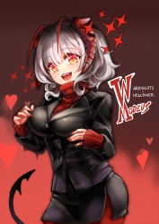 Rule 34 | :d, antennae, arknights, black jacket, black skirt, blazer, breasts, business suit, buttons, cosplay, cowboy shot, crossover, formal, grey hair, helltaker, highres, hm (hmongt), horns, jacket, large breasts, looking at viewer, miniskirt, modeus (helltaker), modeus (helltaker) (cosplay), nail polish, open mouth, orange eyes, pantyhose, pencil skirt, red nails, red pantyhose, red sweater, ribbed sweater, short hair, side slit, skirt, slit pupils, smile, solo, sparkle, standing, suit, sweater, turtleneck, turtleneck sweater, w (arknights)