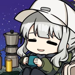 Rule 34 | 1girl, = =, baseball cap, black halo, black pants, black scarf, blue archive, chibi, cup, green hoodie, halo, hare (blue archive), hare (camp) (blue archive), hat, holding, holding cup, hood, hoodie, kelinch1, long hair, mug, night, night sky, official alternate costume, on chair, open mouth, pants, ponytail, scarf, sidelocks, sitting, sky, star (sky), starry sky, suitcase, thermos, white hair, white hat