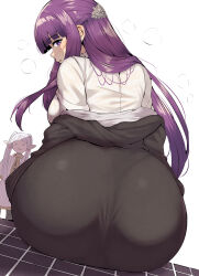 Rule 34 | 2girls, absurdres, ass, ass focus, back, black coat, blunt bangs, blush, breasts, coat, commentary request, elf, fern (sousou no frieren), frieren, half updo, highres, huge ass, large breasts, long hair, long sleeves, looking at viewer, looking back, multiple girls, open mouth, pointy ears, purple eyes, purple hair, sitting, sousou no frieren, wakura (gcdan)