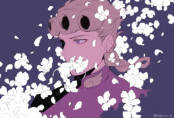 Rule 34 | 1boy, 723 (tobi), blonde hair, braid, braided ponytail, covering own mouth, earrings, flower, giorno giovanna, jacket, jewelry, jojo no kimyou na bouken, long hair, petals, pink jacket, purple background, purple eyes, simple background, solo, twitter username, vento aureo, white flower