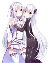 Rule 34 | 2girls, black capelet, black dress, black eyes, breasts, capelet, choker, cleavage, closed mouth, detached sleeves, dress, echidna (re:zero), emilia (re:zero), floating hair, flower, frilled sleeves, frills, frown, gem, hair flower, hair ornament, hair ribbon, holding hands, interlocked fingers, long dress, long hair, long sleeves, medium breasts, miniskirt, multiple girls, nemu mohu, pleated skirt, pointy ears, print sleeves, purple eyes, purple ribbon, re:zero kara hajimeru isekai seikatsu, ribbon, rose, silver hair, simple background, skirt, smile, standing, striped clothes, striped dress, thighhighs, vertical-striped clothes, vertical-striped dress, very long hair, white background, white flower, white legwear, white rose, white skirt, white sleeves, wide sleeves, zettai ryouiki