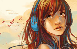 Rule 34 | 1girl, artist name, brown eyes, brown hair, cable, crying, crying with eyes open, dated, english text, headphones, lips, long hair, looking at viewer, original, portrait, qinni, solo, swept bangs, tears