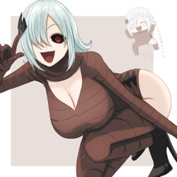 Rule 34 | 1girl, black footwear, black sclera, bodysuit, border, breast rest, breasts, brown bodysuit, chibi, chibi inset, cleavage, cleavage cutout, clothing cutout, colored sclera, commentary request, flipped hair, grey hair, hair ornament, hair over one eye, hand up, high heels, hip vent, huge breasts, index finger raised, jumping, long hair, looking at viewer, motion lines, multiple views, oide yo mahou shoujo mura, on one knee, one eye covered, open mouth, outside border, red eyes, ringed eyes, sasamaru chimaki, shiraoi (oide yo mahou shoujo mura), smile, v-neck, white border, wide-eyed