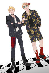 Rule 34 | 2boys, alternate costume, america (hetalia), axis powers hetalia, backwards hat, chain, choker, crossed arms, gold chain, hand in pocket, hat, highres, huacai, jacket, leather, leather jacket, looking down, looking to the side, male focus, multiple boys, patterned clothing, punk, red legwear, socks, spiked boots, spiked choker, spikes, sunglasses, thick eyebrows, united kingdom (hetalia)