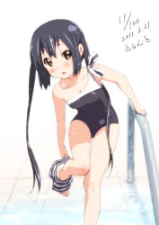 Rule 34 | 1girl, 2011, black hair, brown eyes, dated, errant, k-on!, long hair, nakano azusa, solo, swimsuit, twintails, undressing