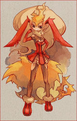 Rule 34 | 1girl, animal ears, breasts, cleavage, cleavage cutout, clothing cutout, creatures (company), dress, elbow gloves, flareon, full body, game freak, gen 1 pokemon, gloves, nintendo, personification, pinstripe legwear, pinstripe pattern, pokemon, rabbit ears, red dress, red footwear, red gloves, shoes, standing, striped, tail, thighhighs