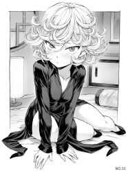 Rule 34 | 1girl, :o, arm support, blush, curly hair, dress, full body, greyscale, highres, indoors, looking at viewer, mogudan, monochrome, one-punch man, open mouth, short hair, sitting, solo, tatsumaki