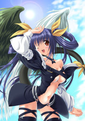 Rule 34 | 1girl, arc system works, asymmetrical wings, blush, bow, breasts, dizzy (guilty gear), guilty gear, hair bow, large breasts, midriff, navel, noritama (gozen), one eye closed, open mouth, red eyes, ribbon, smile, solo, tail, tail ornament, tail ribbon, thighhighs, twintails, underboob, wings, wink