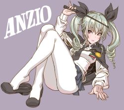Rule 34 | 1girl, absurdres, anchovy (girls und panzer), anzio school uniform, ass, black necktie, breasts, cape, capelet, character name, drill hair, girls und panzer, green hair, highres, holding, long hair, long sleeves, medium breasts, necktie, pantyhose, pleated skirt, pointer, purple background, riding crop, school uniform, shirt, shoe dangle, shoes, simple background, skirt, smile, solo, twintails, white pantyhose, white shirt, yamashita shun&#039;ya