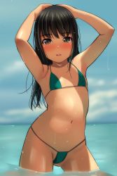 Rule 34 | 1girl, absurdres, arms up, bikini, black hair, blue sky, blurry, blurry background, blush, brown eyes, cloud, cowboy shot, day, depth of field, flat chest, gluteal fold, green bikini, groin, hands on own head, highres, horizon, long hair, looking at viewer, matsunaga kouyou, navel, nose blush, ocean, original, outdoors, parted lips, sky, solo, standing, swimsuit, teeth, upper teeth only, wading, water