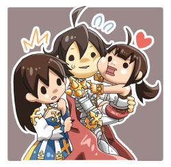 Rule 34 | 1boy, 2girls, ^^^, ahoge, arch bishop (ragnarok online), armor, blue dress, border, breastplate, brown background, brown gloves, brown hair, cape, carrying, carrying person, cheek-to-cheek, cleavage cutout, clothing cutout, commentary request, cross, dress, family, father and daughter, feet out of frame, flying sweatdrops, gauntlets, gloves, heads together, heart, hug, leg armor, long hair, looking at another, low ponytail, mother and daughter, multiple girls, novice (ragnarok online), open mouth, outline, pauldrons, ragnarok online, red cape, red shorts, rune knight (ragnarok online), sash, shorts, shoulder armor, simple background, solid circle eyes, spiked pauldrons, tokixwaa, two-tone dress, white border, white dress, white outline, yellow sash