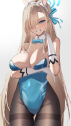 Rule 34 | :d, absurdres, animal ears, asuna (blue archive), asuna (bunny) (blue archive), bare shoulders, black pantyhose, blonde hair, blue archive, blue bow, blue bowtie, blue eyes, blue leotard, blue ribbon, blush, bow, bowtie, breasts, cleavage, covered navel, cowboy shot, detached collar, elbow gloves, fake animal ears, gloves, gluteal fold, grin, hair over one eye, hair ribbon, hairband, halo, highres, katagirinanoka, large breasts, leotard, long hair, looking at viewer, mole, mole on breast, open mouth, pantyhose, parted lips, playboy bunny, rabbit ears, ribbon, smile, strapless, strapless leotard, thigh gap, thighband pantyhose, traditional bowtie, very long hair, white gloves, white hairband